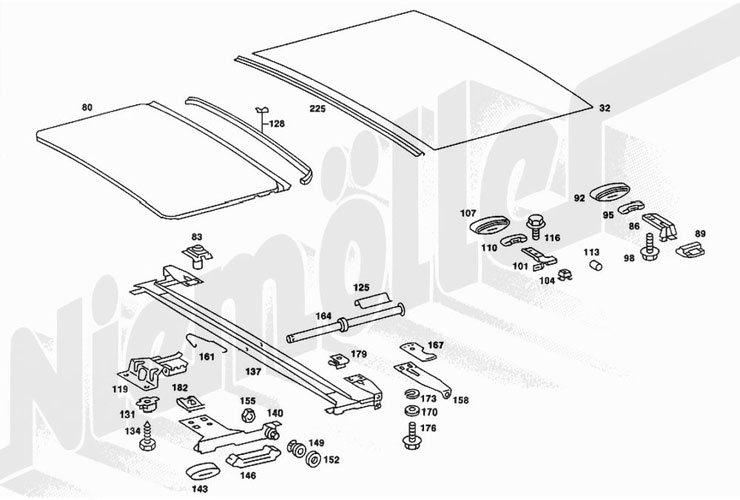 Exploded view of sliding jaws for sunroof