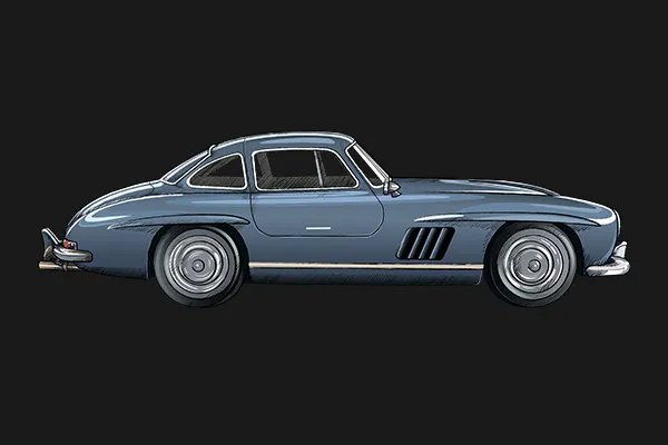     Bruno Sacco, fascinado por el Mercedes SL, adquirió en la década de 1960 el Mercedes 300 SL Coupé con puertas de ala de gaviota (W198) que se exhibía en una exposición.

