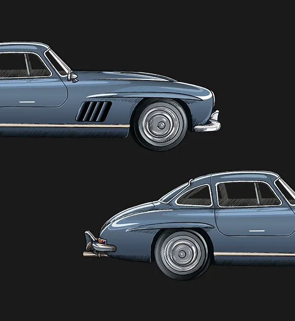     Mercedes-Benz 300 SL Coupé (W198) avec ses portes battantes caractéristiques. Le designer Bruno Sacco a acheté un véhicule d'exposition de ce modèle légendaire dans les années 1960.
