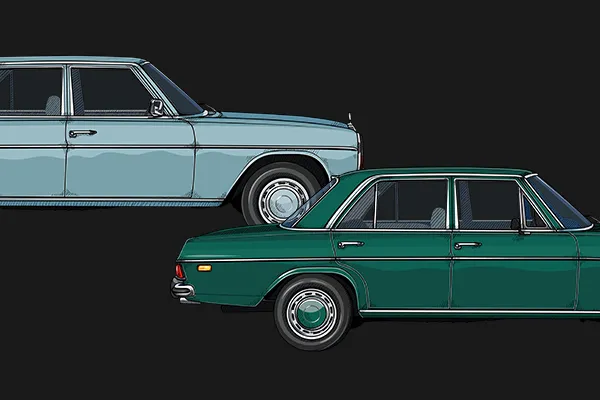     Paul Bracq, kierownik działu projektowego Mercedes-Benz pod kierownictwem Friedricha Geigera, jako projektant miał decydujący wpływ na rozwój modelu Mercedes Strich 8 (W114 i W115 przedstawione razem w kolorze turkusowym i niebieskim)
