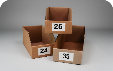 Drei nummerierte Lagerkästen aus Karton